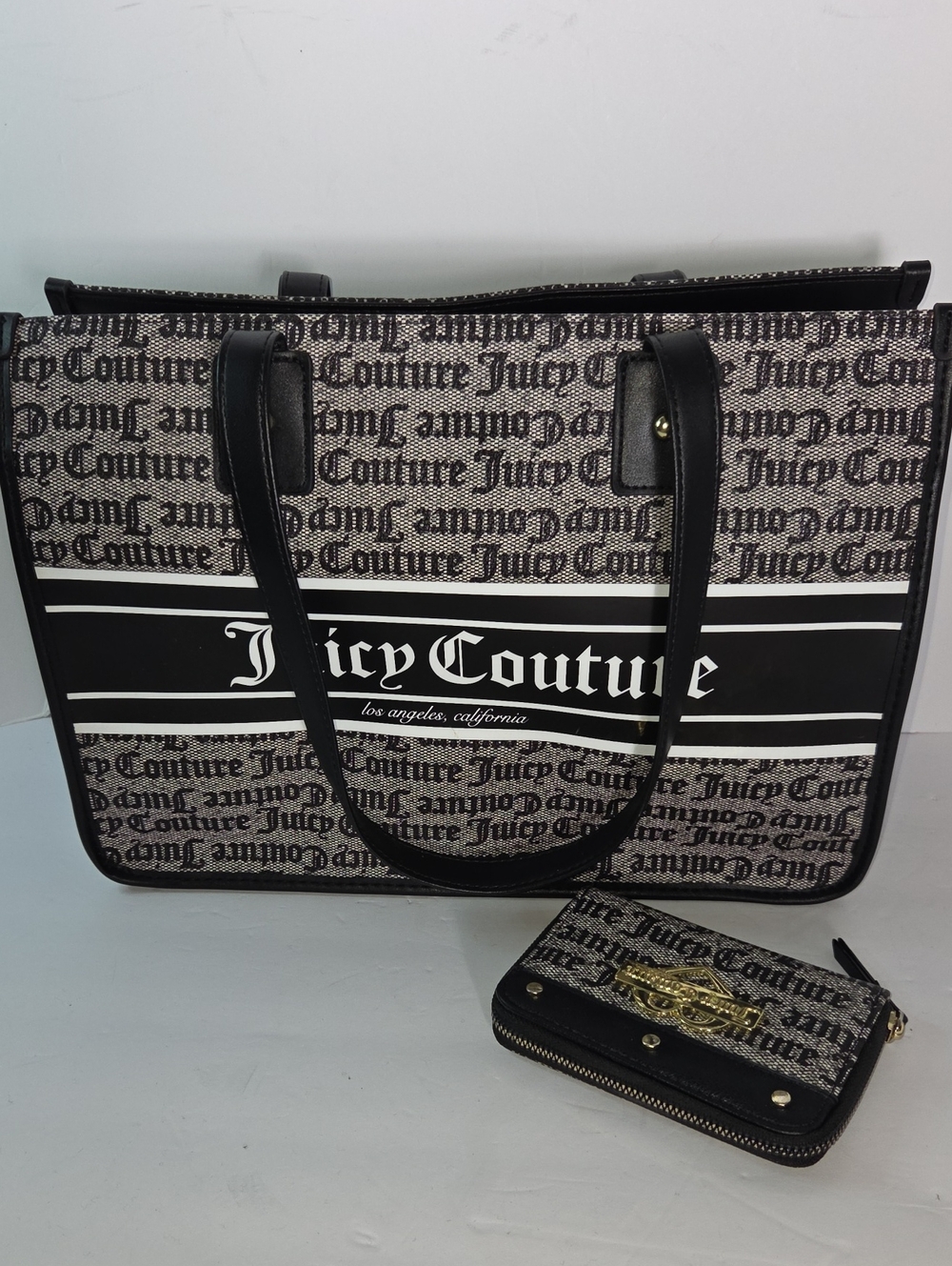 (New) Juicy Couture Black and Cream Logo Tote with Matching Wallet
